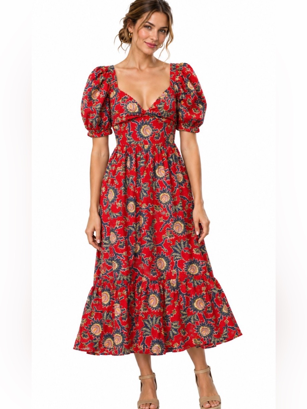 HOUSE OF HARLOW 1960 Red Floral Boho Sweetheart Prairie Dress Size M EUC